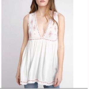 Free People Boho Y2k babydoll top White pink Rose Embroidered Flowers festival